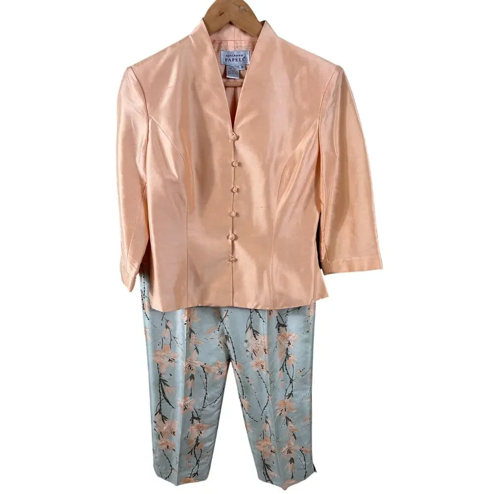 Adrianna Papell Pant Suit Women's Size 6‎ Peach Silk Floral Bead Asian Inspired